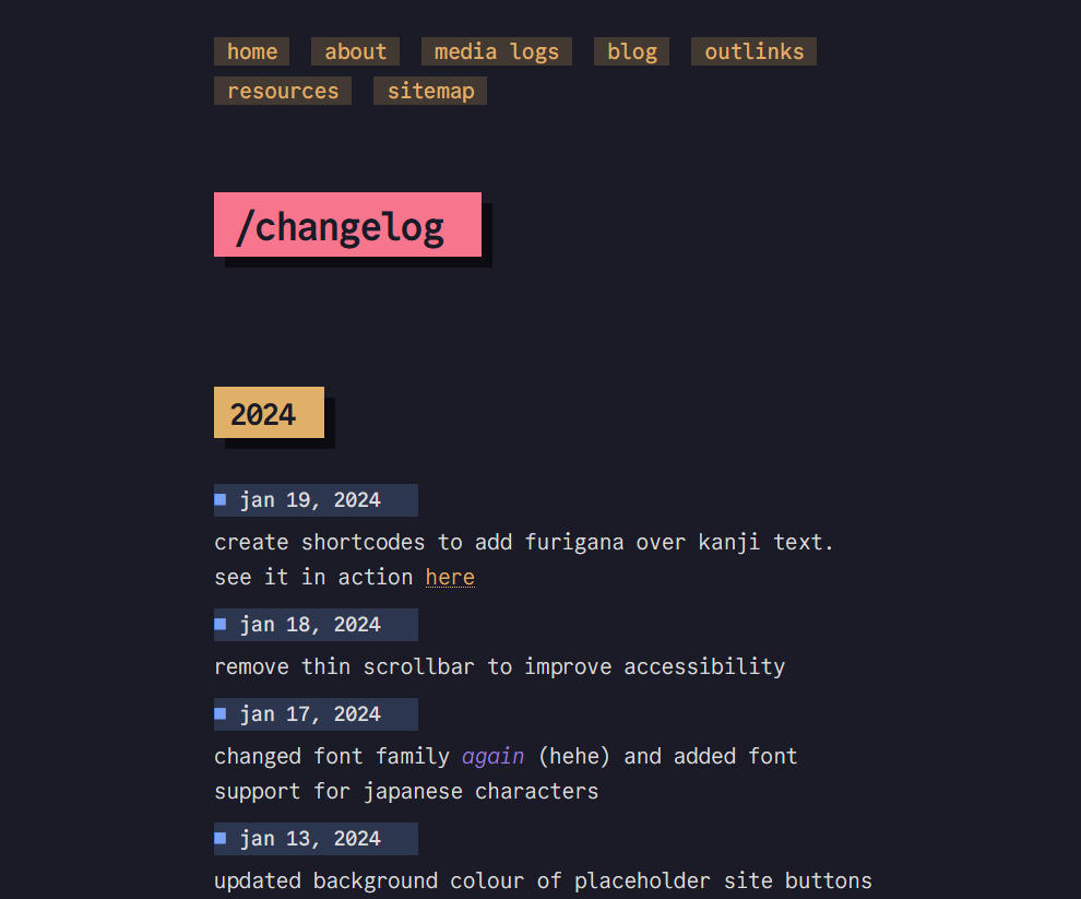 A screenshot of this website’s changelog page which is a list of sitely updates